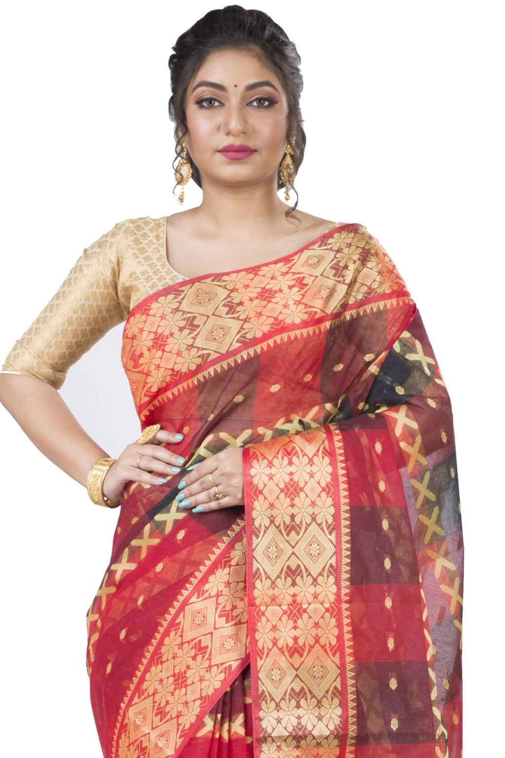 Red Pure Cotton SonaJhuri Desiging Tant Saree (113)